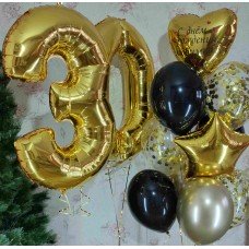 Композиция фонтан гелиевых шаров и фольгированная цифра тридцать